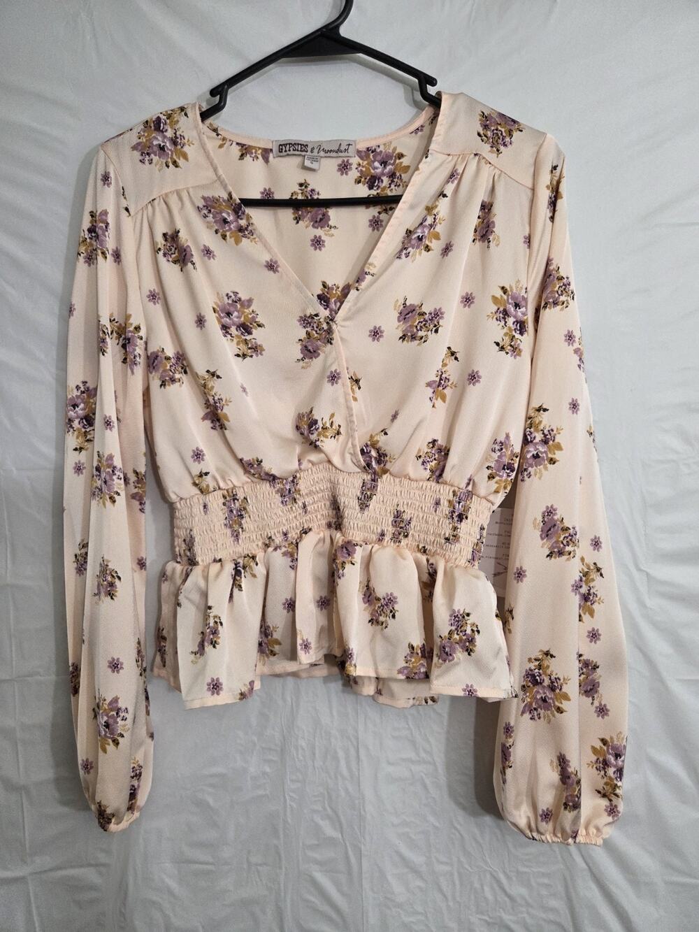 NWT Crop Top Womens S Floral Boho Bishop Sleeve Ruffle Waist Soft Preppy Light